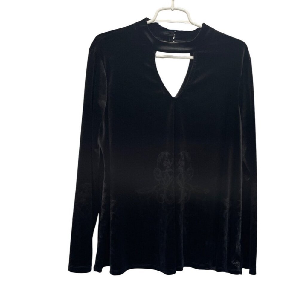 Fever Black Velvet Long Sleeve V-Neck‎ Top Keyhole Back Subtle Scroll Pattern L